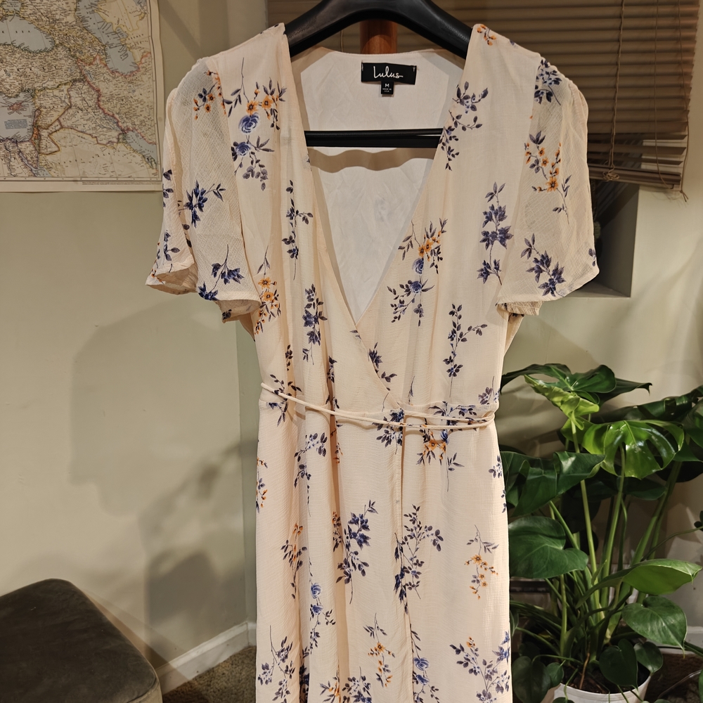 Lulu's Light Coral and Blue Floral Mini Wrap Dress